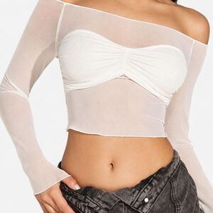 White off shoulder mesh crop top long sleeve coquette fairycore